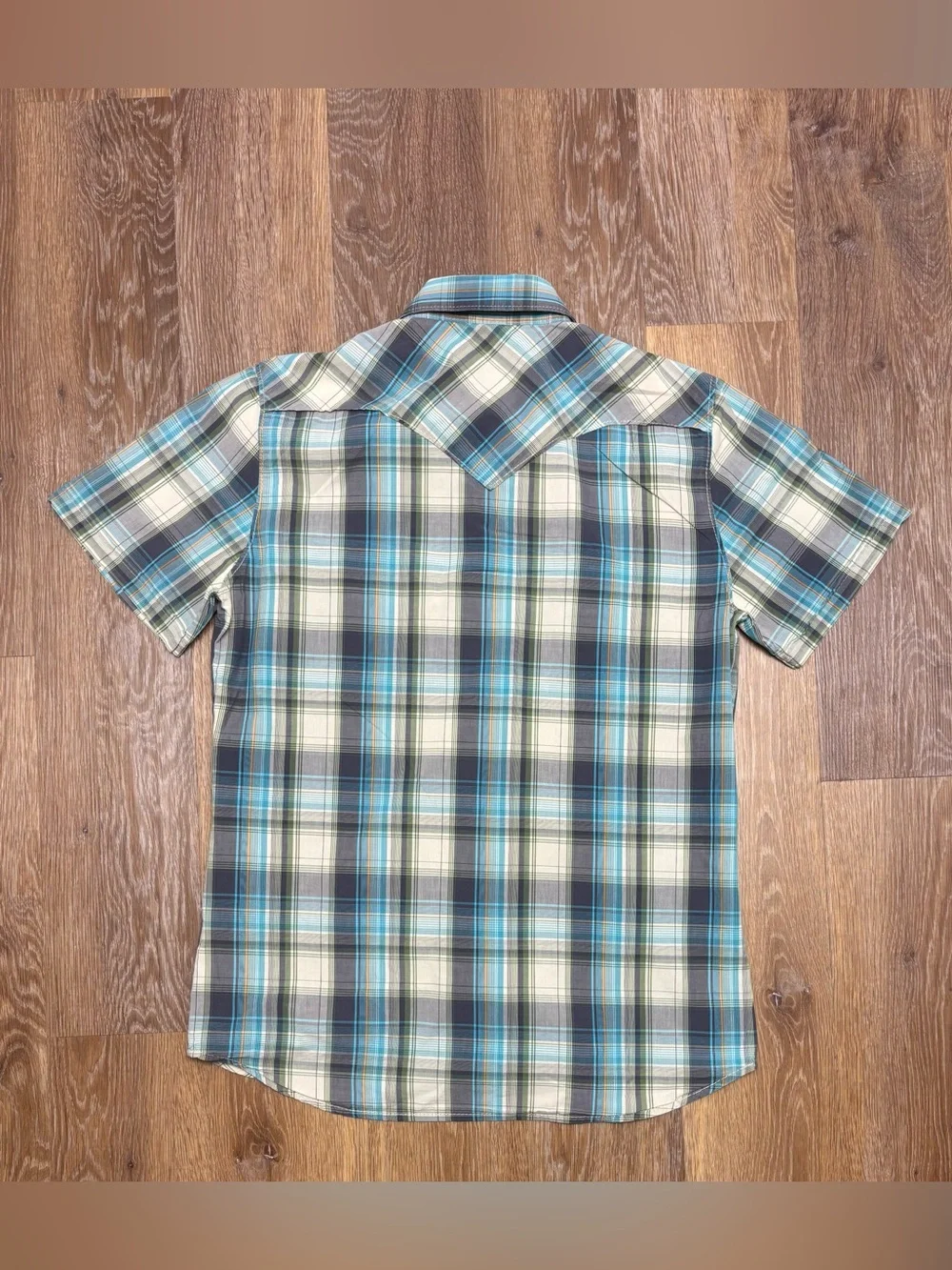 True Religion Men's Short-Sleeve Plaid Button-Down Shirt - Teal/Gray/White